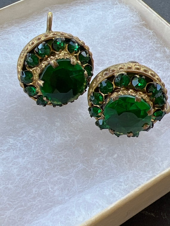 Vintage Edwardian Czech glass emerald green facet… - image 1