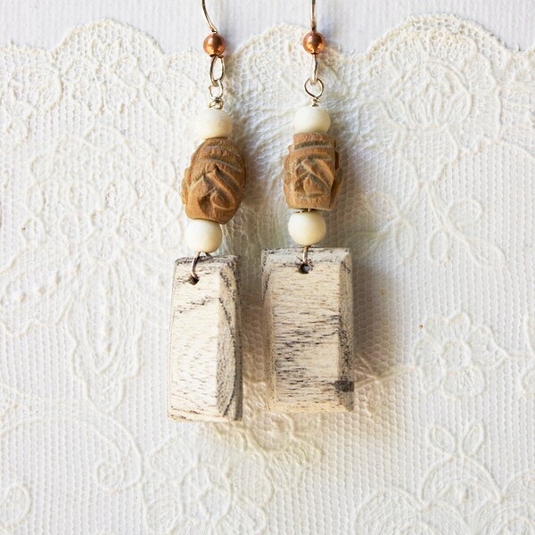 Spalted Beech Bone Ivory and Carved Wood Earrings with Copper Accent and Sterling Silver French Ear Wires