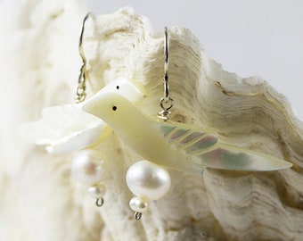 New Earrings made with Vintage Mother of Pearl Bird Shaped Beads and Freshwater Pearls with Sterling Silver French Ear Wires