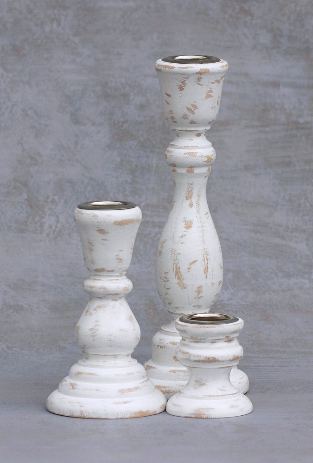 Wooden Candlesticks Set of Three 3 Hand Painted Shabby Etsy