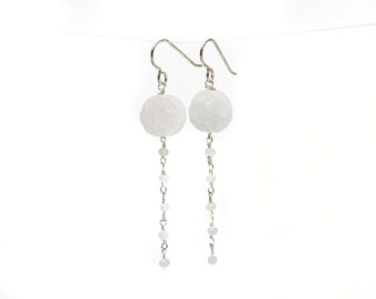 Sparkling White Agate Druzy Gemstone Earrings with White Chalcedony Accents and Sterling Silver Ear Wires