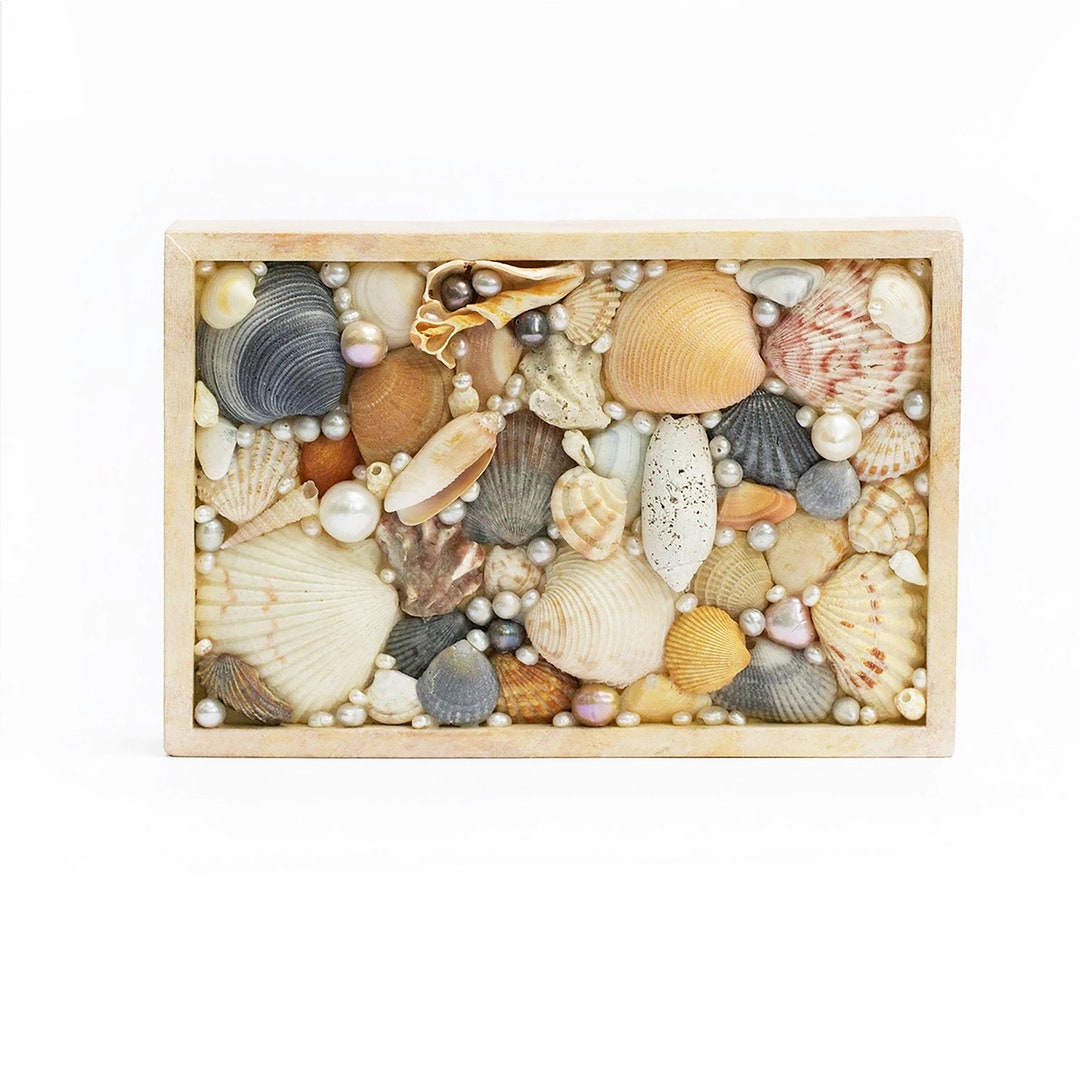 Shell Art Piece - Deep Frame With Seashells and Pearls Mosaic Wall Art ...