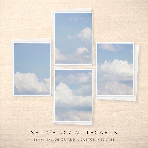 Set of 4 - 5x7 Note Cards - Blank or with Custom Text Inside - Fluffy Clouds in a Blue Sky Photo Greeting Cards w/ Envelopes - Any Occasion