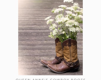 Rustic Still Life Photo of Wildflowers in a Pair of Cowboy Boots - Queen Anne&#39;s Lace