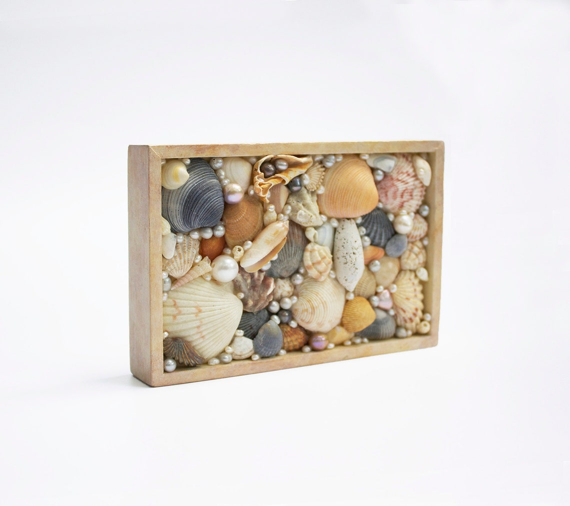 Shell Art Piece Deep Frame With Seashells and Pearls Mosaic - Etsy