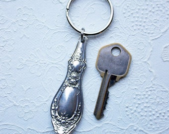 Key Chain - Upcycled Vintage Silver Plated Silverware Keychain with Split Ring Rose Design