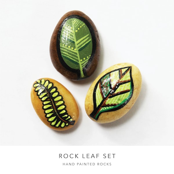 Set of 3 Painted Rock Leaves - Natural Rock Background - Interactive Art Piece - Conversation Piece