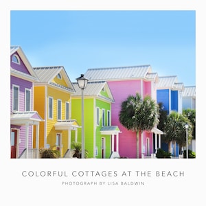 Colorful Cottages by the Ocean Photo - Bright Purple Yellow Lime Pink and Blue Beach Houses in a row