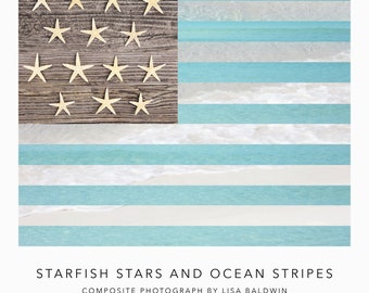 Beachy American Flag Photo - Starfish Stars and Ocean Stripes - Coastal Beach House Wall Art