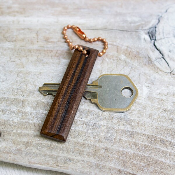 Small Dark Exotic Wood Key Chain - Hand Shaped Wooden Keychain with Copper Ball Chain Ring