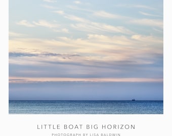 Little Shrimp Boat Fishing on a Vast Ocean Under a Sweeping Blue and Pink Sunrise Photo - Coastal Decor Print