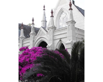 White Church in New Orleans Photo Gothic Arches Spires Pristine Pure White with Hot Pink Azaleas St. Louis Cathedral NOLA Print