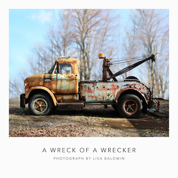 Old Ford Wrecker - Rusted Aqua Paint - Rustic Rural Old Tow Truck Photo - Rundown Derelict Abandoned