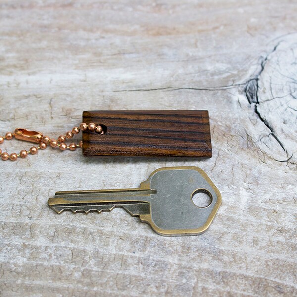 Small Dark Exotic Wood Key Chain - Hand Shaped Wooden Keychain with Copper Ball Chain Ring