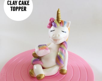 Fat unicorn cake topper - Clay unicorn figure - Unicorn eating cake topper - birthday cake centerpiece