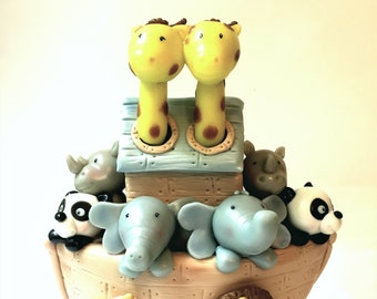 Noah's Ark cake topper for Birthdays,  Noah's ark Nursery room decor, Ark with animals, Handmade clay topper cake. Safari animals