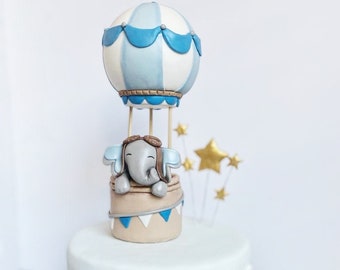 Elephant hot air balloon cake topper. Baby shower and first birthday cake decor. Nursery decor. Baby keepsake. Polymer clay figure