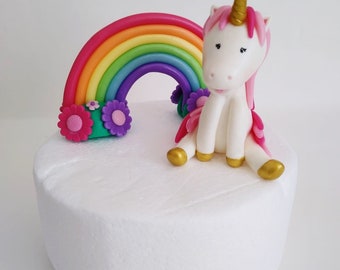 Unicorn and Rainbow cake toppers for girl birthday theme party. Clay pony figurine. Unicorn and rainbow room decor.