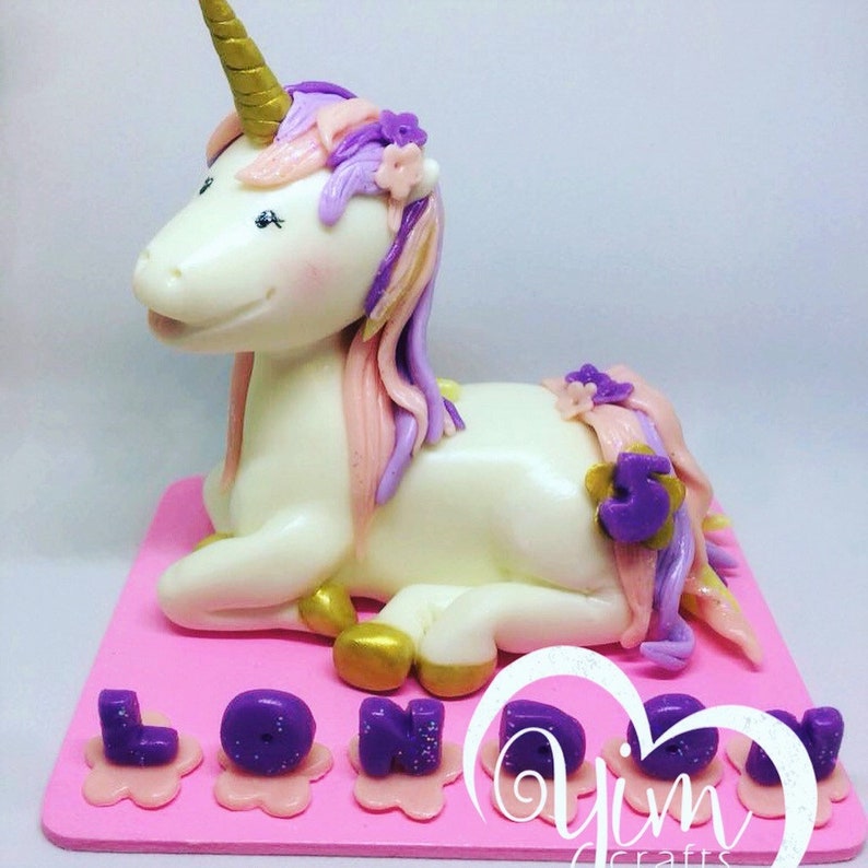 Cute Unicorn cake topper Gold and Pink, Unicorn topper cake, Unicorn birthday cake topper, Unicorn birthday topper, Clay unicorn cake topper image 2