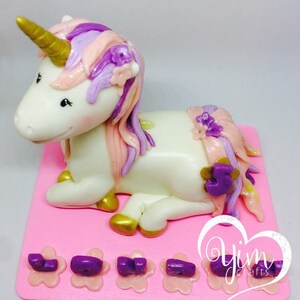Cute Unicorn cake topper Gold and Pink, Unicorn topper cake, Unicorn birthday cake topper, Unicorn birthday topper, Clay unicorn cake topper image 3