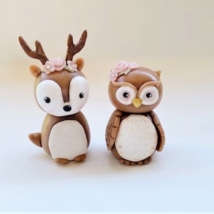Woodland animals cake toppers. Clay owl and deer figures. Baby shower and birthday forest theme. Woodland nursery decor