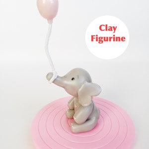 Cute elephant cake topper. Clay elephant figure with balloon. Elephant baby shower and  nursery decor. Baby keepsake