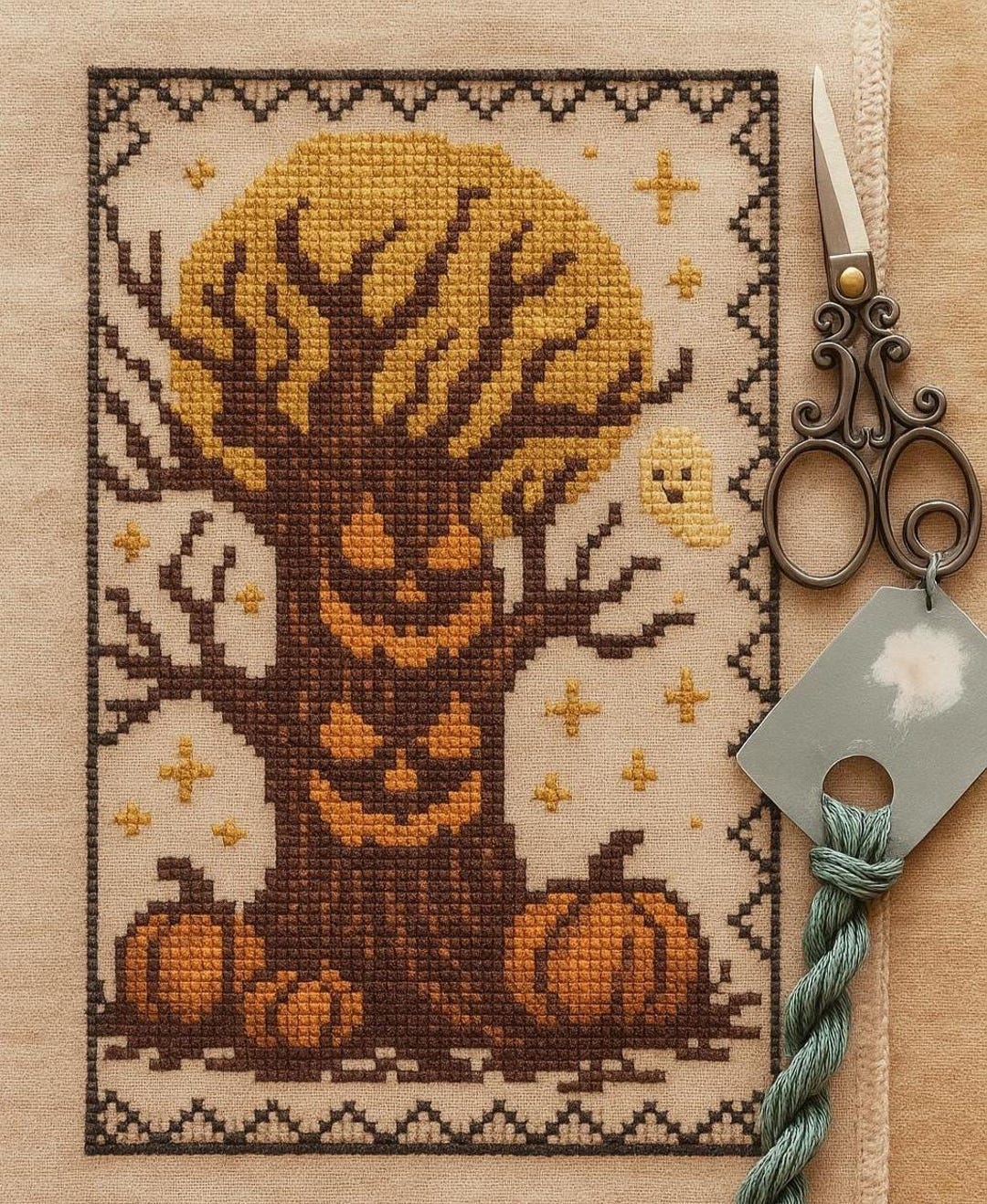Halloween Cross Stitch Pattern - Spooky Tree With Pumpkins and Full ...