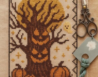 Halloween Cross Stitch Pattern - Spooky Tree With Pumpkins and Full ...