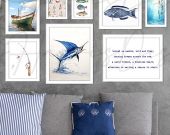 Láminas artísticas de pesca costera: Decoración de casa de playa (descarga digital, 3 tamaños disponibles)