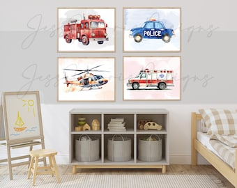 Lámina infantil de vehículos de emergencia: camión de bomberos, coche de policía y helicóptero (descarga digital)