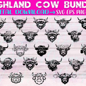 Highland Cow Digital Download Bundle | 24 Highland Cow svg, eps, png, jpeg Files + Bonus Quotes