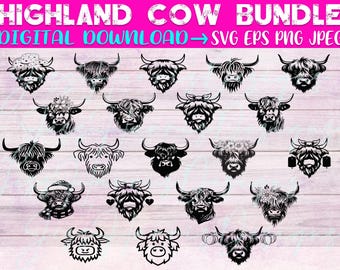 Paquete SVG de vaca de las Tierras Altas: 24 imágenes vectoriales + citas adicionales (descarga digital)