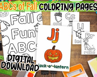 Libro para colorear del abecedario de otoño: páginas de aprendizaje imprimibles de la A a la Z (descarga digital)