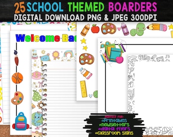 Paquete de bordes para páginas escolares: 25 marcos PNG y JPG (descarga digital)
