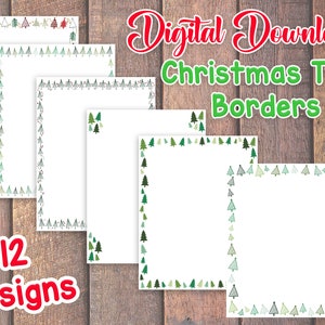 May include: Twelve printable Christmas tree border designs. Each design features a different pattern of green, red, and white Christmas trees on a white background.