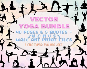 Siluetas de yoga: 40 poses, frases y arte mural (descarga digital)