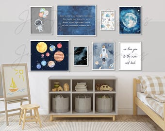 Acuarelas del espacio para habitación infantil, galaxias, planetas, láminas de cohetes (descarga digital)