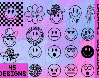 Smiley Face Vector Bundle Descarga digital con 45 diseños más regalo gratis