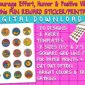 Roliga belöningsklistermärken för mellanstadiet – 20 utskrivbara designer – direkt digital nedladdning