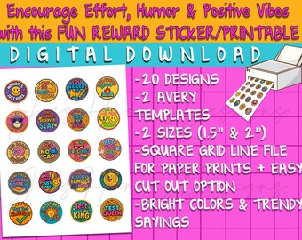Pegatinas divertidas de recompensa para secundaria: 20 diseños imprimibles - Descarga digital instantánea