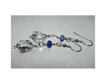 ww1377 - TANZANITE & HERKIMER DIAMOND Wirewrap Earrings - Argentium Sterling Silver