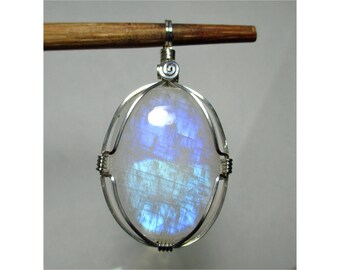 27 Karat REGENBOGENMONDSTEIN Oval Anhänger - Argentium Sterlingsilber Wirewrap - ww1148