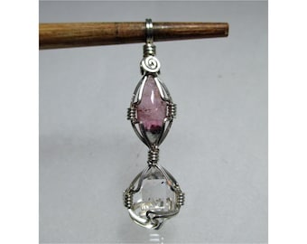 3 CT Wassermelone Turmalin & HERKIMER-Diamant-Anhänger - Argentium Silber Wirewrap - ww1085