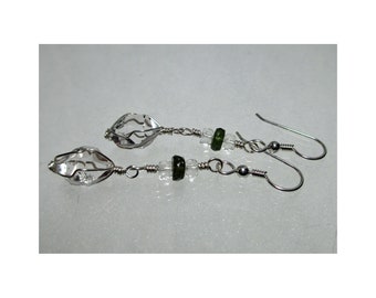 ww1360 - MOLDAVITE & HERKIMER DIAMOND Wirewrap Earrings - Argentium Sterling Silver