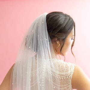 Wedding Veil with Pearls | Soft Ivory Pearl Veil Fingertip, Cathedral, Chapel Simple Bridal Veil, Elbow Veil Single Tier