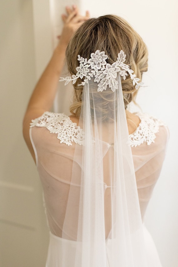 Soft English Net Wedding Veil with Lace Comb, Handmade Bridal Veil, Ivory Cathedral Fingertip Chapel Length, Single Tier