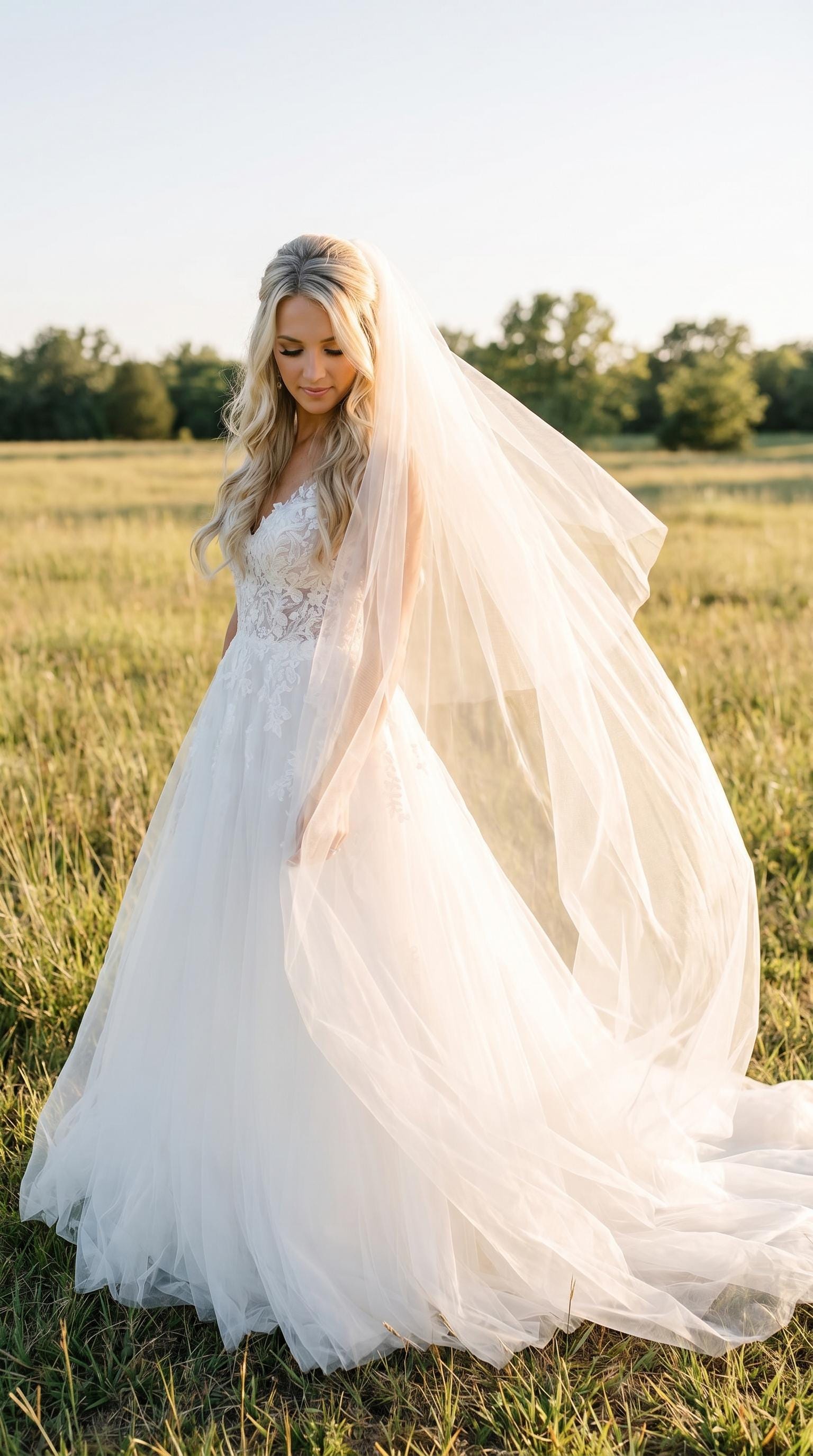 Two Tier Wedding Veil With Blusher and Raw Edge, Classic 