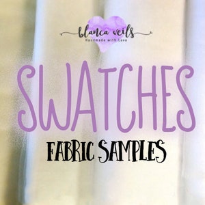 May include: A close-up of white fabric swatches with the text "SWATCHES FABRIC SAMPLES" and the logo "blanca veils Handmade with Love" in purple.
