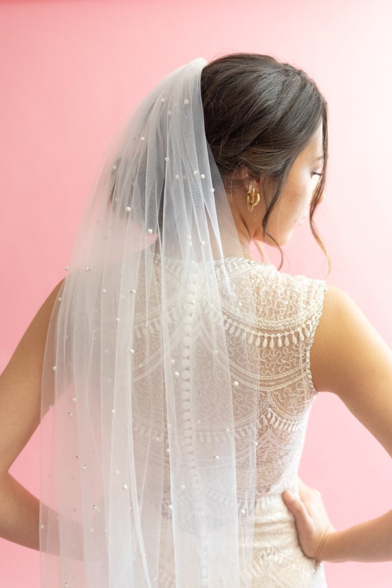 Wedding Veil With Pearls | Soft Ivory Pearl Veil Fingertip  display picture 1