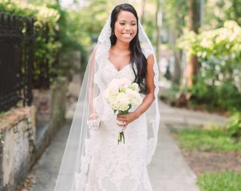 Mantilla Lace Wedding Veil, Spanish Bridal Veil, Cathedral Lace Veil, Soft Floral Lace Veil, Ivory White Mantilla, Single Tier Bridal Veil